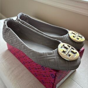 Tory Burch Quilted Minnie Flats in Dust Storm with Gold Logo